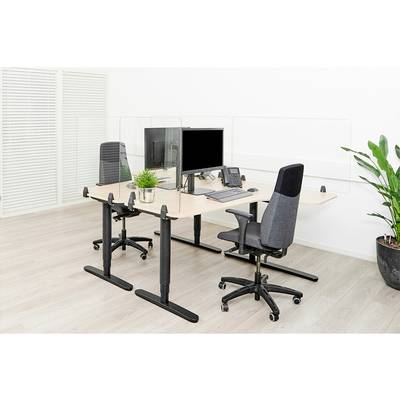Two workstations in a modern office with computer screens, telephones, office chairs and Perspex screens as dividers; a green plant on the left.