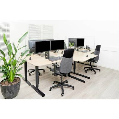 A modern office with two workstations. Each station has two monitors, a computer, a keyboard and a chair. Plants are positioned in the corner.