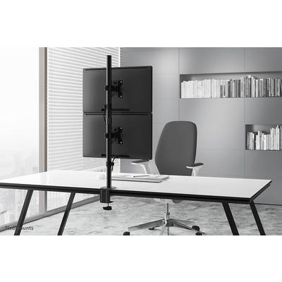 A modern office space with a desk featuring a dual monitor stand. In the background, a grey-white bookshelf.