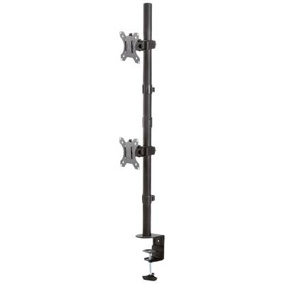 Single black monitor stand with two adjustable mounts and desk clamp for mounting.