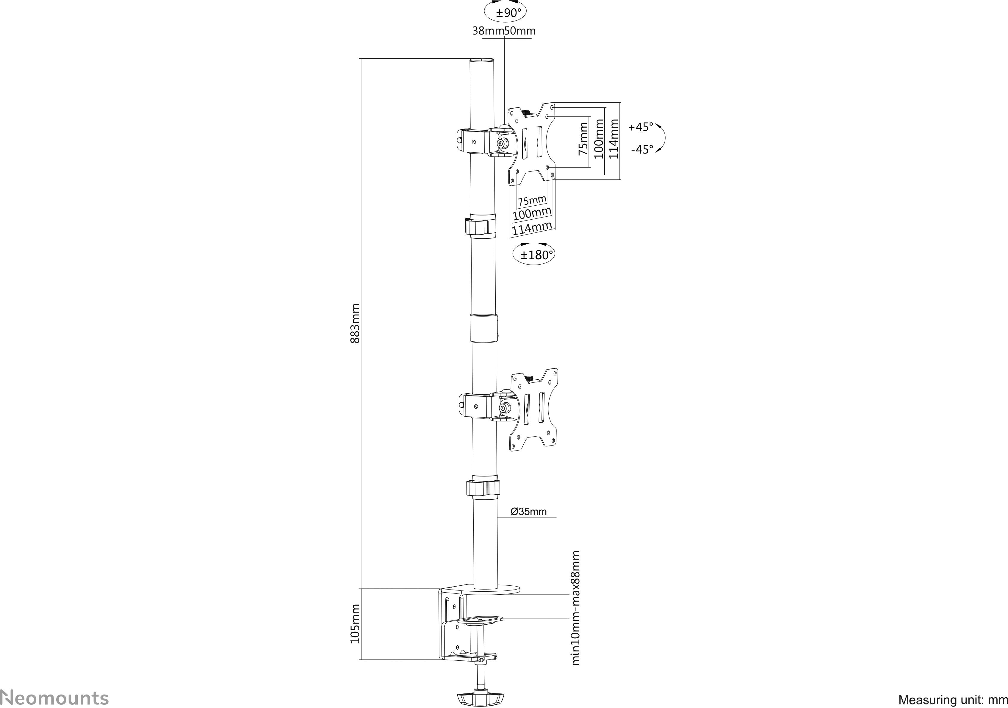 'Drawing of a monitor desk mount with two VESA mounting brackets. Specifications for dimensions, angle adjustment, and mounting height in mm.'