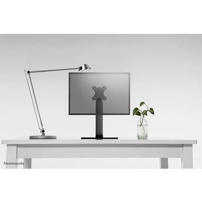 A desk with a modern lamp on the left, a monitor in the centre, and a plant in a glass container on the right.