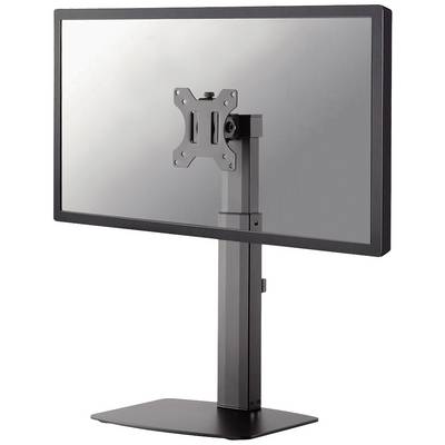 A black computer monitor sits on an adjustable desk stand. The screen is switched off and slightly reflects its surroundings.