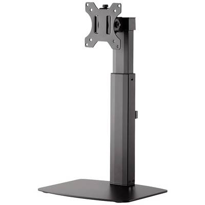 Black metal monitor stand, height-adjustable with rectangular base, suitable for VESA-compatible displays.