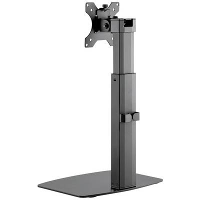 An adjustable, black monitor stand with a flat base and mounting bracket for VESA-compatible monitors.