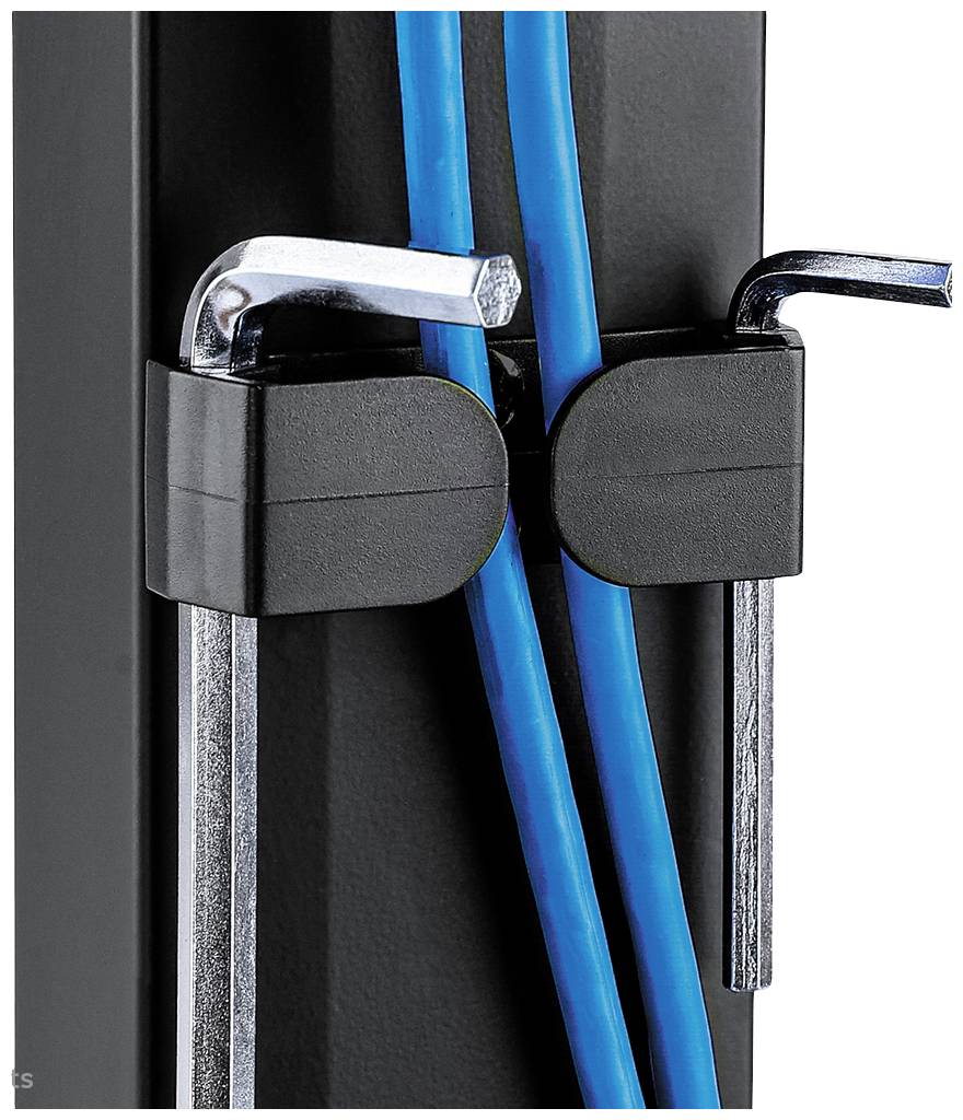 Two blue cables are held by two black clips on a black frame, with L-shaped metal tools protruding into the clips.