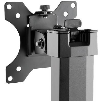 Image of an adjustable monitor arm with a VESA mount. The arm is made of metal with an adjustment knob and mounting screws.