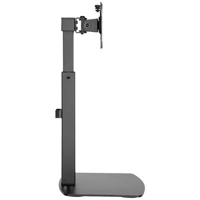 Adjustable black monitor stand for ergonomic height adjustment on a desk.
