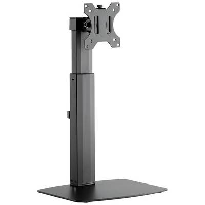 Black metal monitor stand with a rectangular base and adjustable mounting bracket, suitable for various monitor sizes.