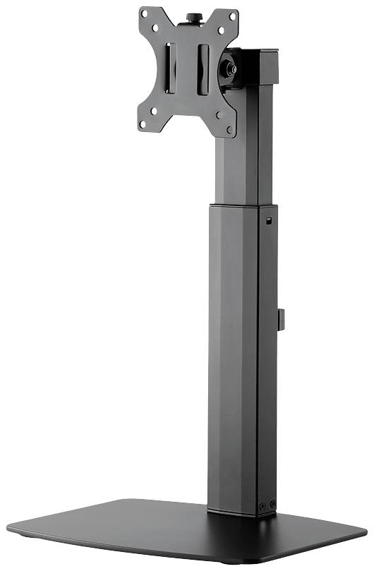 A black monitor stand with adjustable height and VESA mount, suitable for different screen sizes.