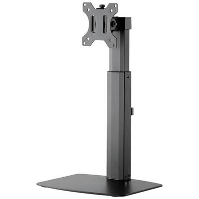 A black monitor stand with adjustable height and VESA mount, suitable for different screen sizes.