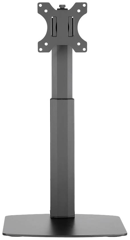'Black monitor stand with rectangular base plate and adjustable mounting bracket for securing a screen.'