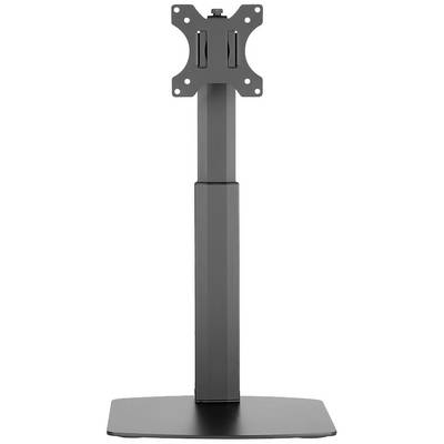 'Black monitor stand with rectangular base plate and adjustable mounting bracket for securing a screen.'