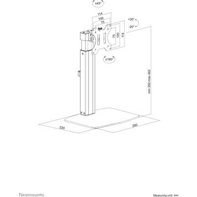 'Technical drawing of an adjustable monitor stand with dimensions in millimetres, including tilt and rotation angle specifications.'