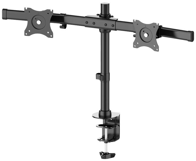 Black metal dual monitor mount with two adjustable VESA brackets and a desk clamp for securing to the desk.