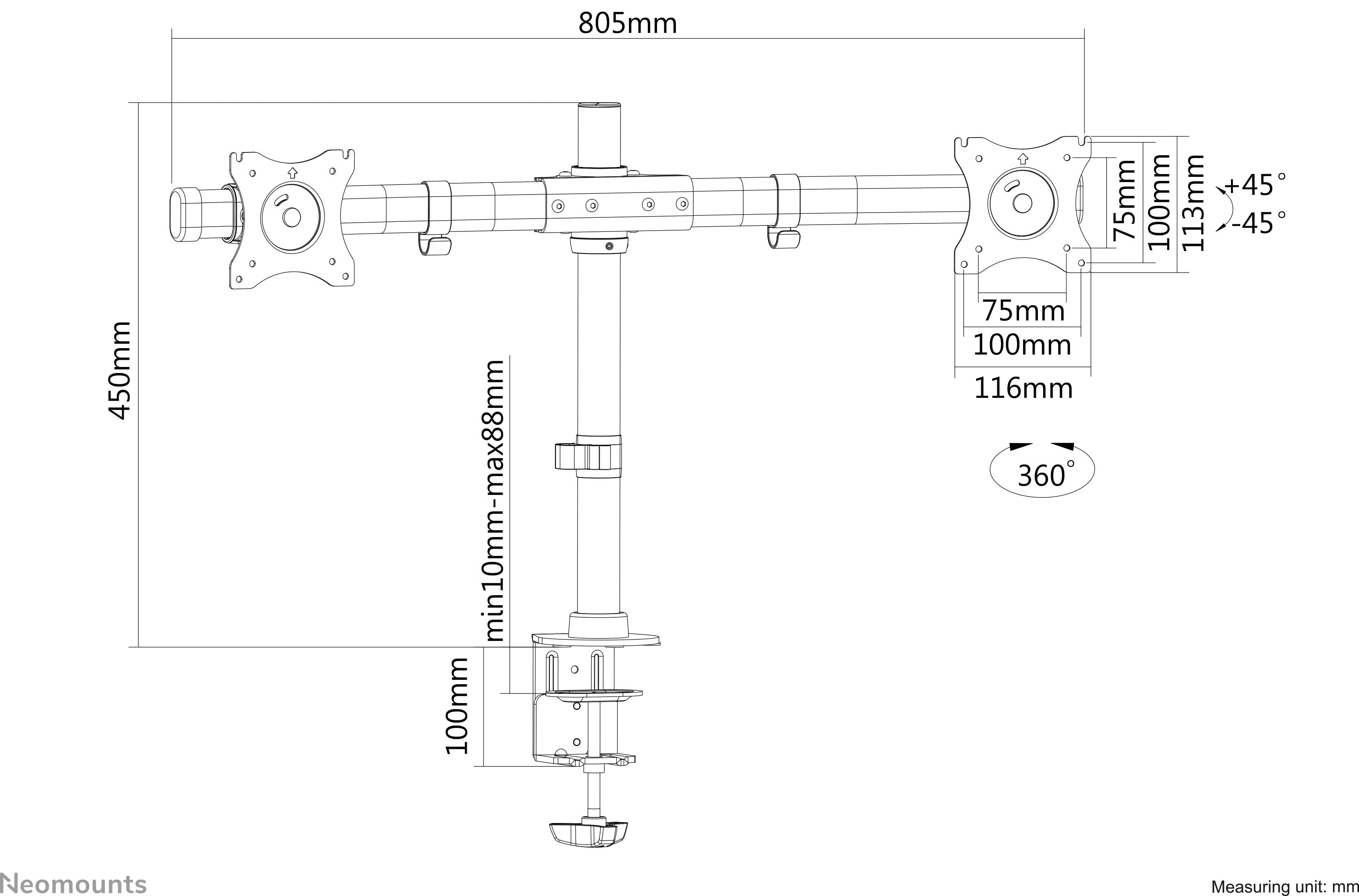 Dual-arm monitor mount, adjustable in height and tilt. Dimensions: Width 805 mm, Height 450 mm. 360-degree rotation possible.