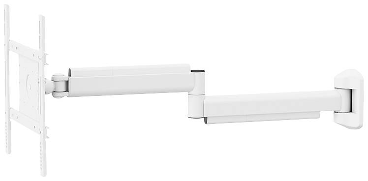 A white, adjustable monitor arm for wall mounting that holds a screen. Enables flexible positioning and tilting.