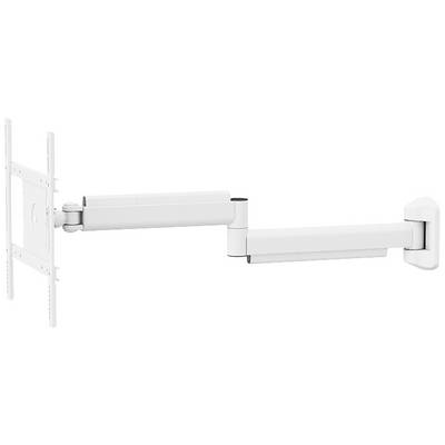 A white, adjustable monitor arm for wall mounting that holds a screen. Enables flexible positioning and tilting.