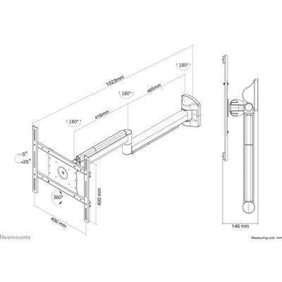 Wall mount for TV or monitor, fully articulating and tiltable. Maximum extension 1023 mm, rotation 360°, tilt range +5° to -25°.