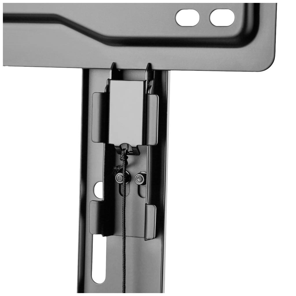 A black metal component of a monitor or TV mounting system, showing screws and cables for attachment.