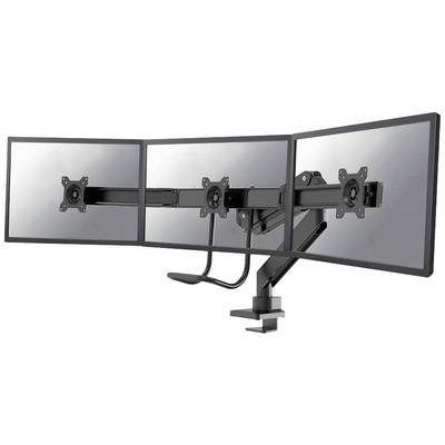Three monitors mounted side by side on a swivel arm without screen content against a white background.