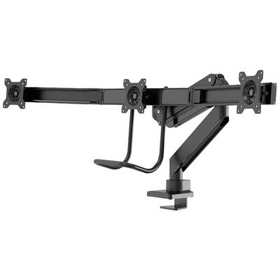 A black monitor stand with three adjustable arms for multiple monitors. The stand is designed to be attached to a desk.