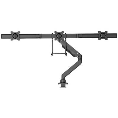 A triple monitor mount with a central stand base. The mount allows adjustment of screen positioning for ergonomic working.