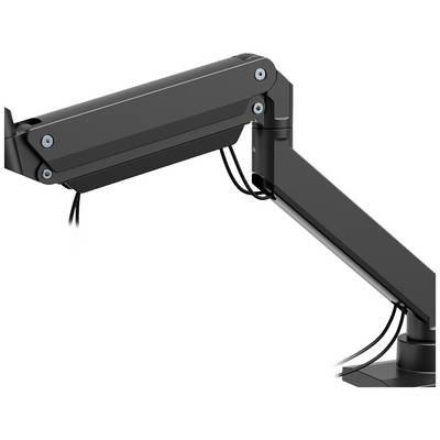 A black, adjustable monitor arm with cable management system, mounted on a desk.