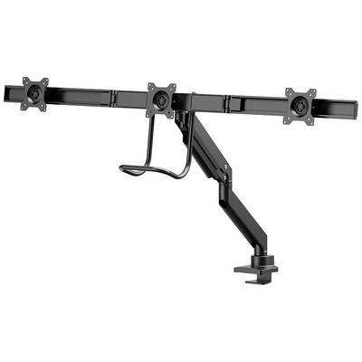 Monitor mount with four fixing points and a flexible arm for desk mounting, suitable for installing multiple screens.