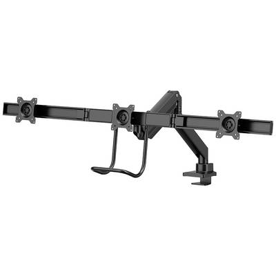 A black, adjustable monitor mount with three VESA mounting points and a sturdy clamp base for attaching to a desk. Ideal for multiple screens.