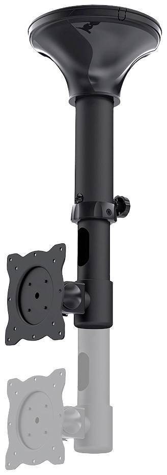 Black ceiling mount for monitors, tiltable and swivelling, with two mounting options.