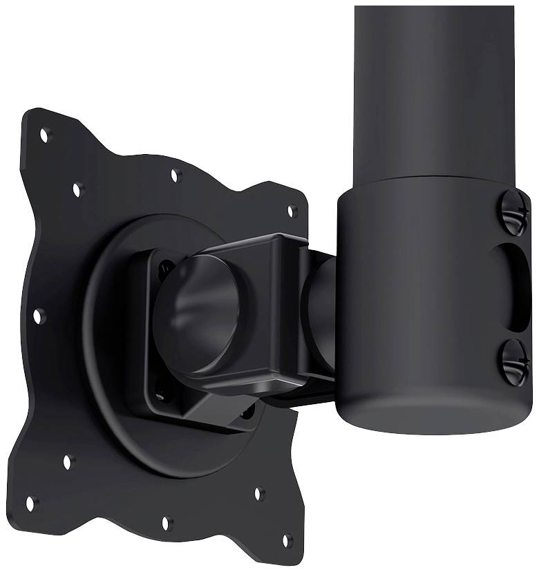 Black flat screen mounting bracket with VESA mounting holes and a pivoting joint for flexible screen positioning.