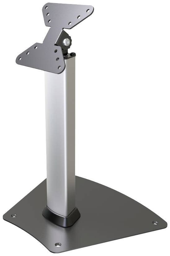Height-adjustable, sturdy metal stand for screens, with a square base and VESA mount for attaching monitors.