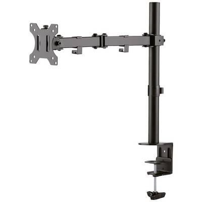 Black metal monitor arm with a clamp for attaching to a desk. Suitable for flexible positioning of a display.