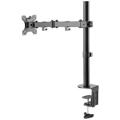 Black monitor mount with clamp for fixing to a desk. Movable arm with multiple joints for flexible positioning.