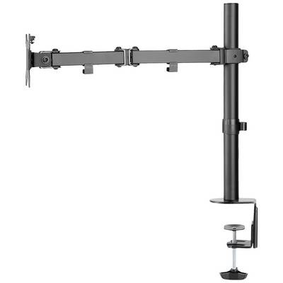 Black monitor arm with adjustable joints for mounting on a desk. Suitable for flexible screen positioning.