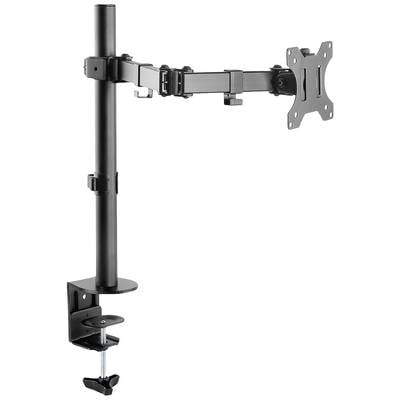 A black metal monitor arm with a clamp mount, suitable for attaching a computer screen to a desk.
