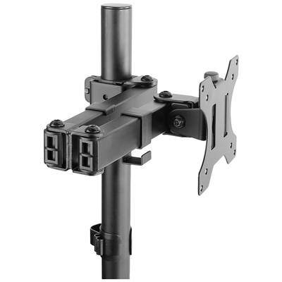 Monitor mounting bracket with adjustable arm on a vertical pole, suitable for VESA-compatible displays.