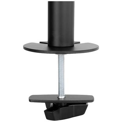 Fixing mechanism for a table stand, comprising a screw and clamp, for securing to a tabletop.