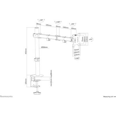 The swing arm is 443 mm high with an adjustable arm length of 349 mm and a load capacity for 75x75 to 100x100 mm monitors.