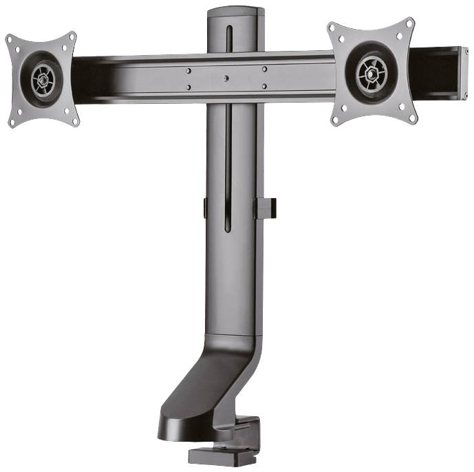 A black monitor stand with two pivoting VESA mounting plates, suitable for mounting two screens side by side.
