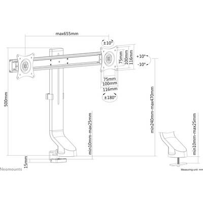 'Technical drawing of an adjustable monitor mount with dimensions. Maximum arm extension: 655mm. Tilt angle: +10°/-10°.'