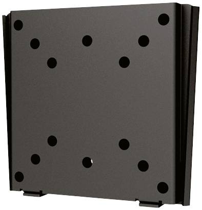A black mounting bracket with multiple holes in a symmetrical arrangement, suitable for attaching a device or screen.