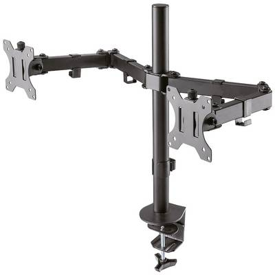 Black monitor mount with two articulating arms for desk mounting. Supports the installation of two monitors.