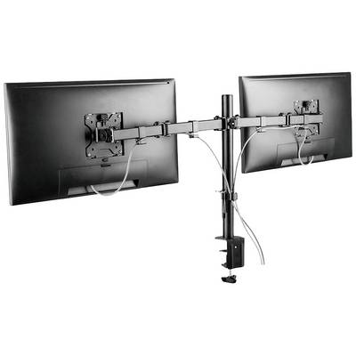 Metal dual monitor mount attached to a desk edge. Both monitors are horizontally aligned, cables connected.