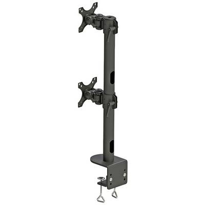 Black, vertical dual monitor mount with desk clamp fixing. Both mounts are rotatable and tiltable.