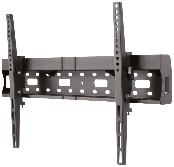 Wall mount for a flat-screen television, adjustable, made of black metal. Suitable for various screen sizes.