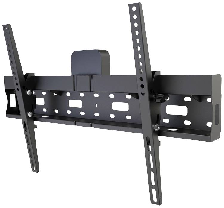Wall mount for flat-screen televisions, tilting, made of black metal, with holes for wall mounting and adjusting to different TV sizes.