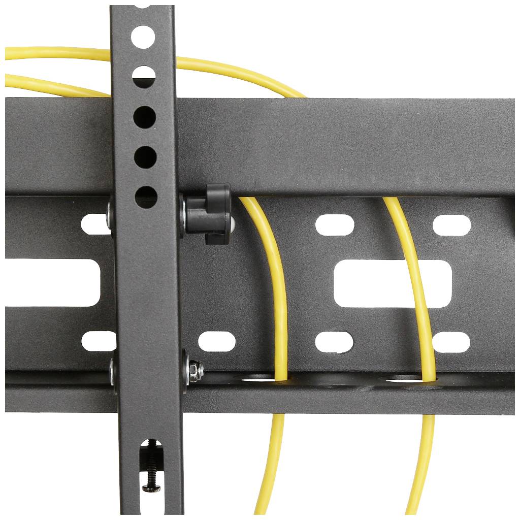Metal TV wall mount on the wall with yellow cables running through openings.