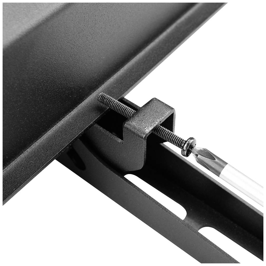 A black metal part is secured with a screw and a screwdriver. It demonstrates a solid connection between two components.